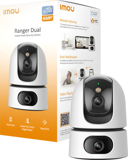 Imou Ranger Dual 6MP - Beveiligingscamera - Wit - Beveiligingscamera Binnen - Camera Met Dubbele Lens 2x 3MP - Slim Kleurennachtzicht - 360° Dekking Door Verstelbare Dubbele Lens - Persoons- En Huisdierendetectie - Abnormale Geluidsdetectie