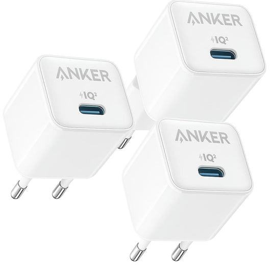 Anker 512 Nano Pro Oplader - 20W USB-C - PowerIQ 3.0 - Actieve Temperatuurregeling - Wit/Zilver [3-pack]