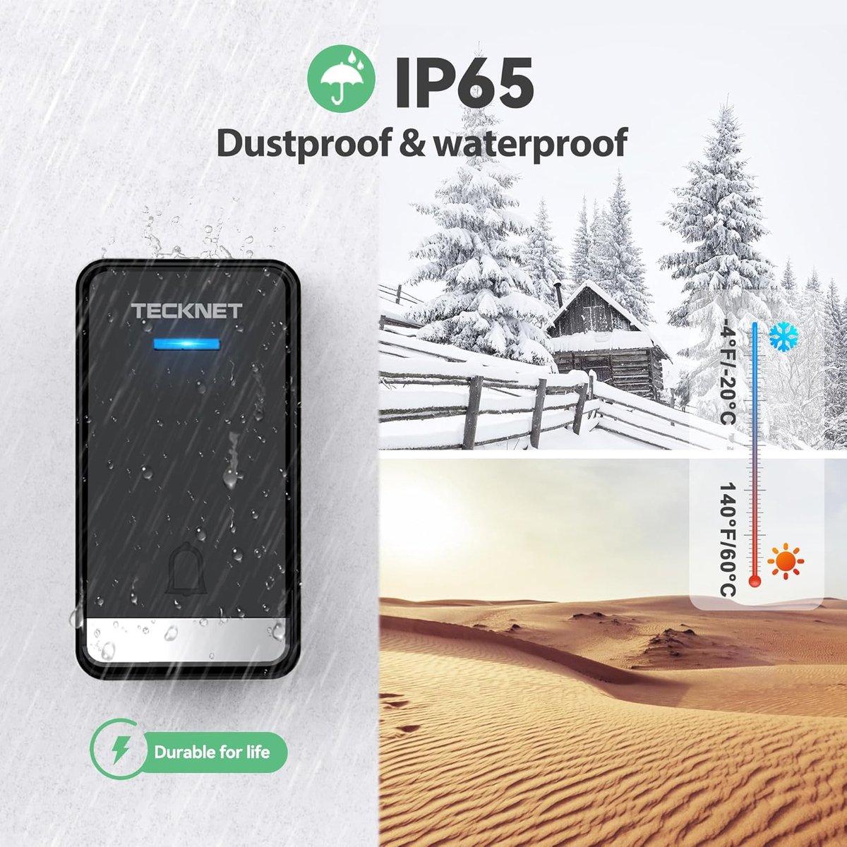 Tecknet NEW Doorbell - draadloze deurbel met 1 ontvanger inclusief stopcontact | Duurzame zender zonder batterijen | Inc. 2 USB laadpoorten | Zwart