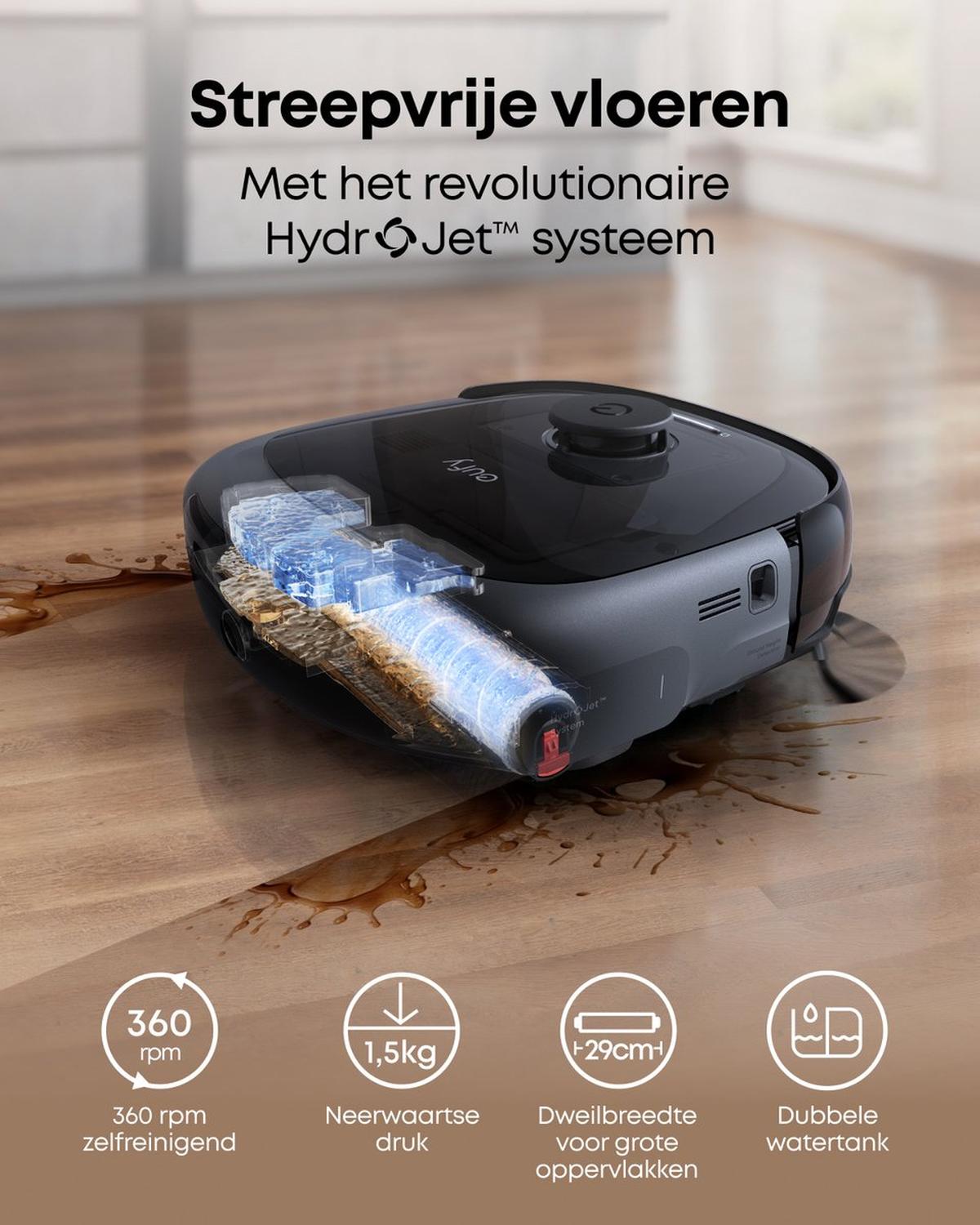 Eufy Robotstofzuiger Omni E25, HydroJet dweilsysteem, 20.000 Pa zuigkracht, DuoSpiral borstels die ontklitten, CornerRover arm voor het schoonmaken van hoeken, alles-in-één station